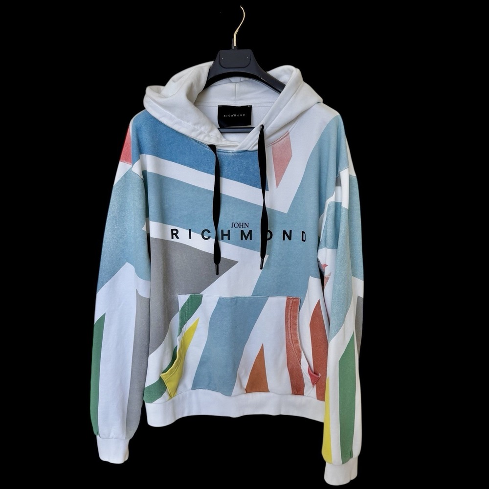 JOHN RICHMOND Allover Geometric Print Sweatshirt Hoodie XL‎ Distressed